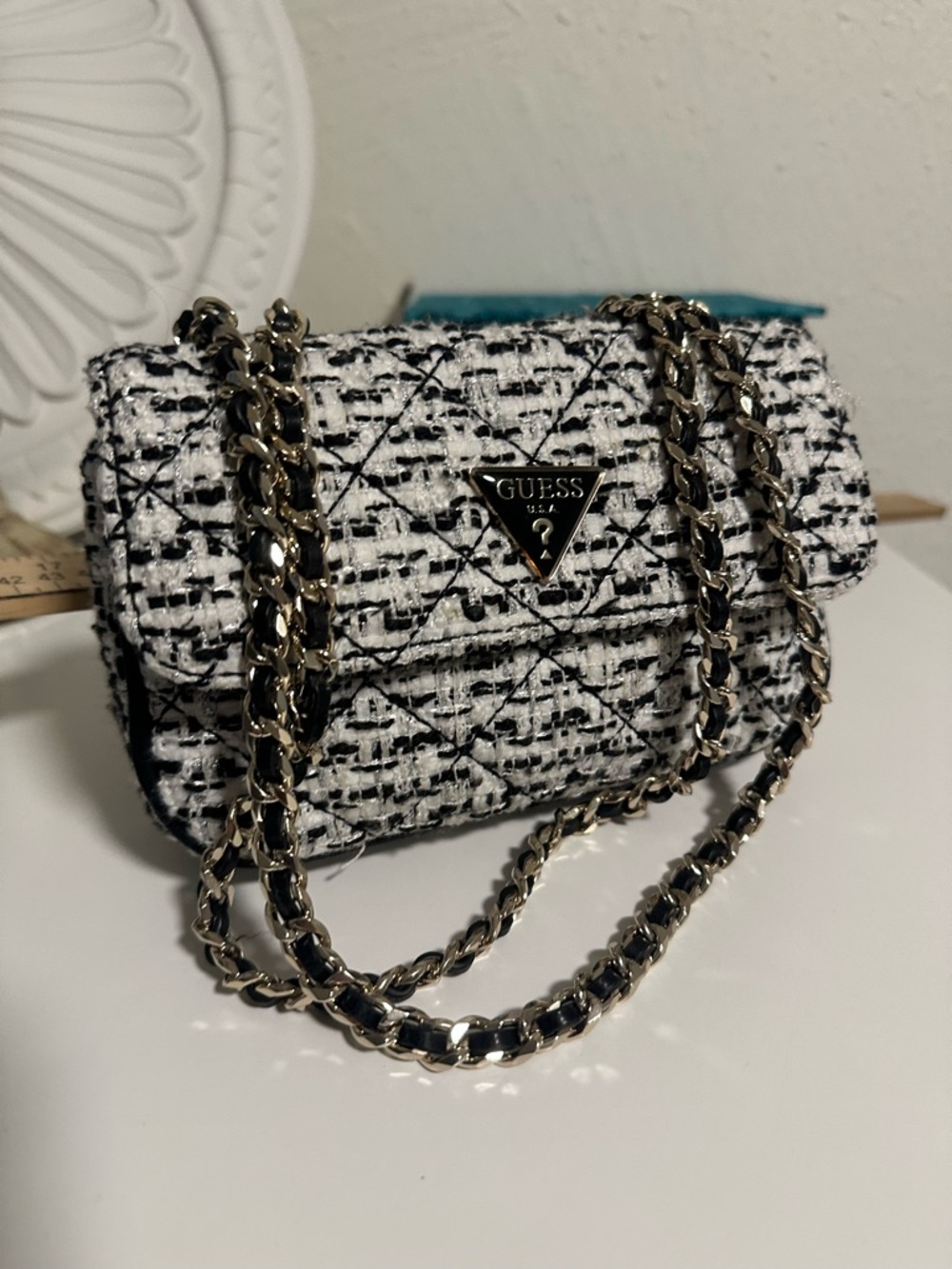 GUESS Black & White Tweed Quilted Crossbody with Gold Chain